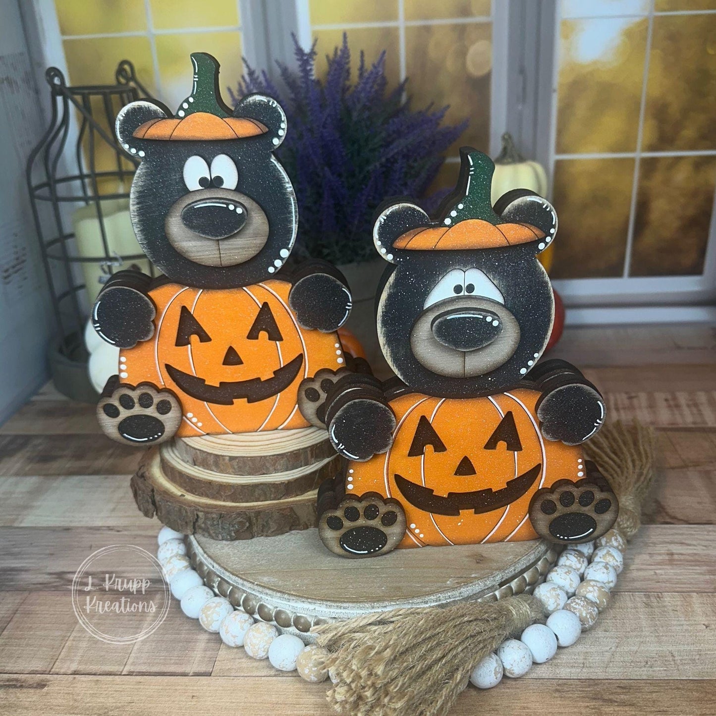 Rustic Halloween Wooden Bear Pumpkin Hand-Painted Fall Decor