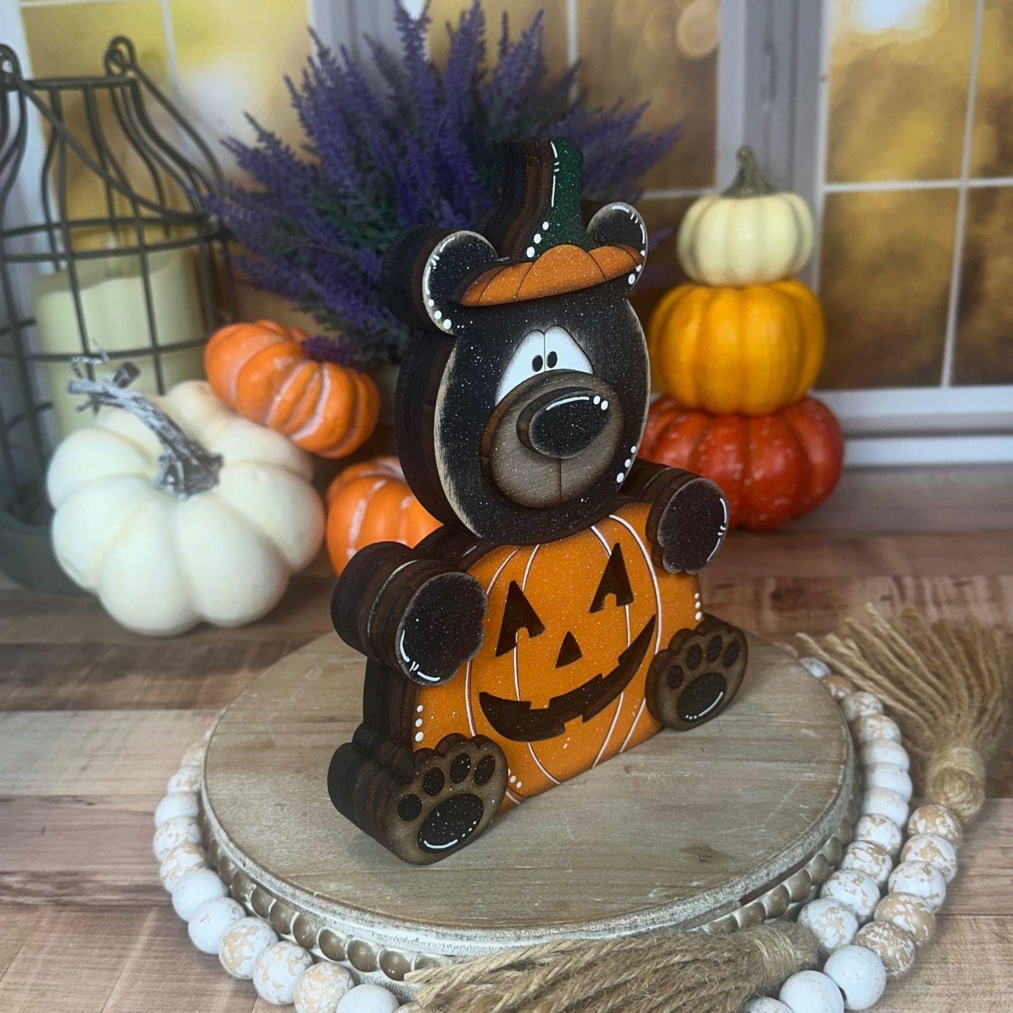Rustic Halloween Wooden Bear Pumpkin Hand-Painted Fall Decor