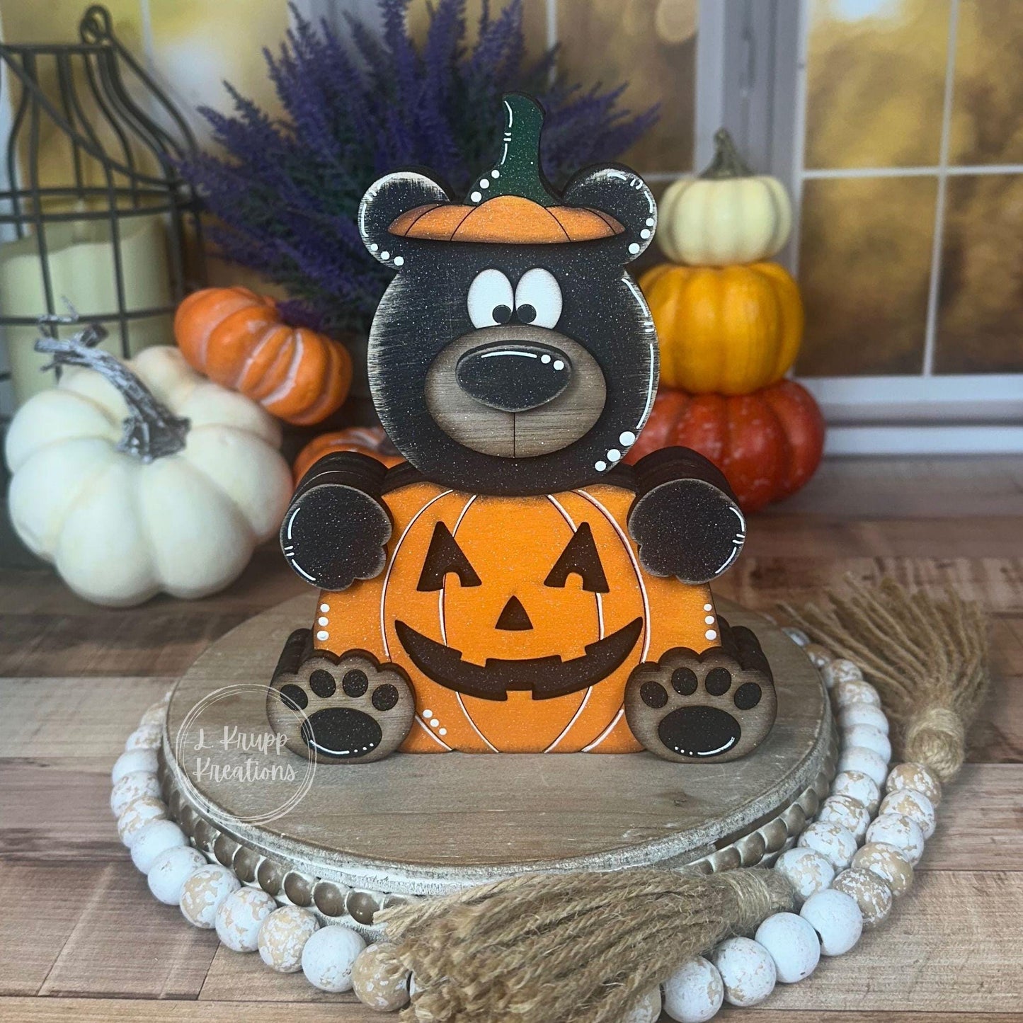 Rustic Halloween Wooden Bear Pumpkin Hand-Painted Fall Decor