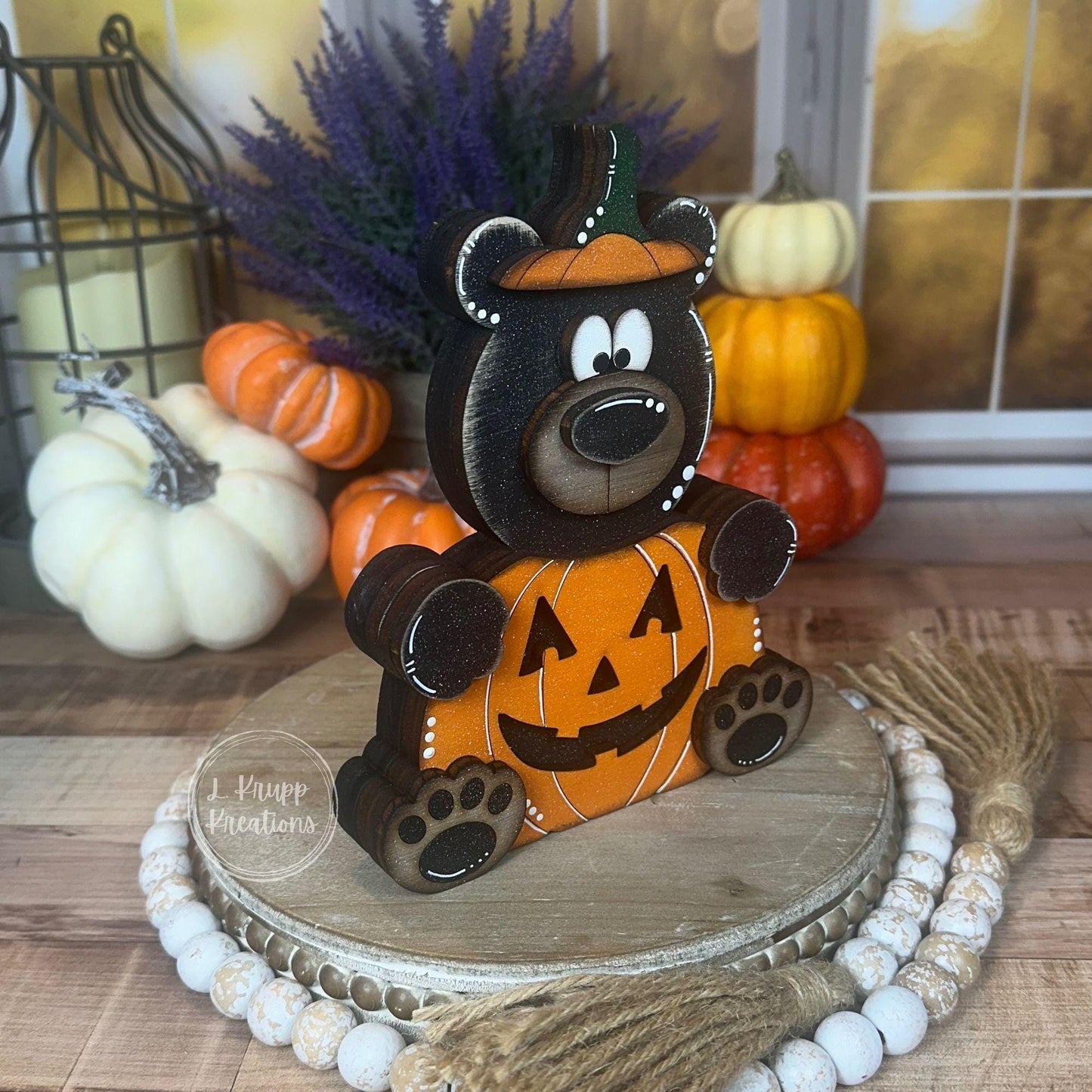 Rustic Halloween Wooden Bear Pumpkin Hand-Painted Fall Decor