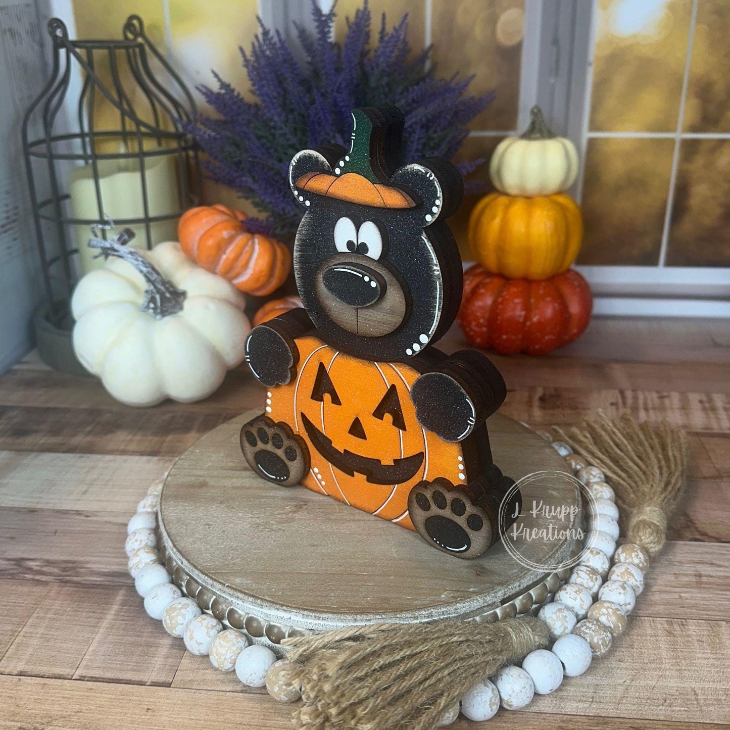Rustic Halloween Wooden Bear Pumpkin Hand-Painted Fall Decor