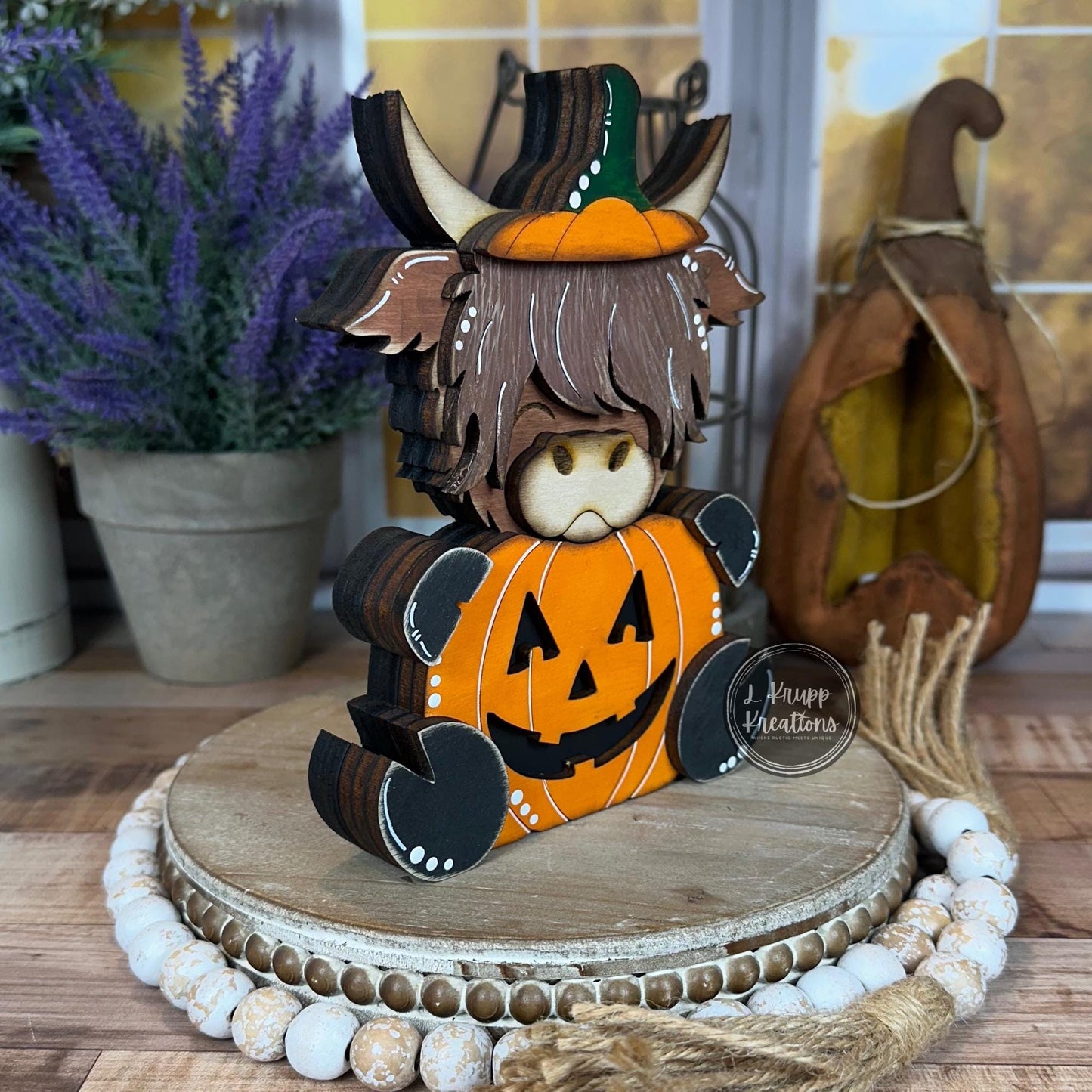 Rustic Halloween Wooden Highland Cow Pumpkin Hand-Painted Fall Decor