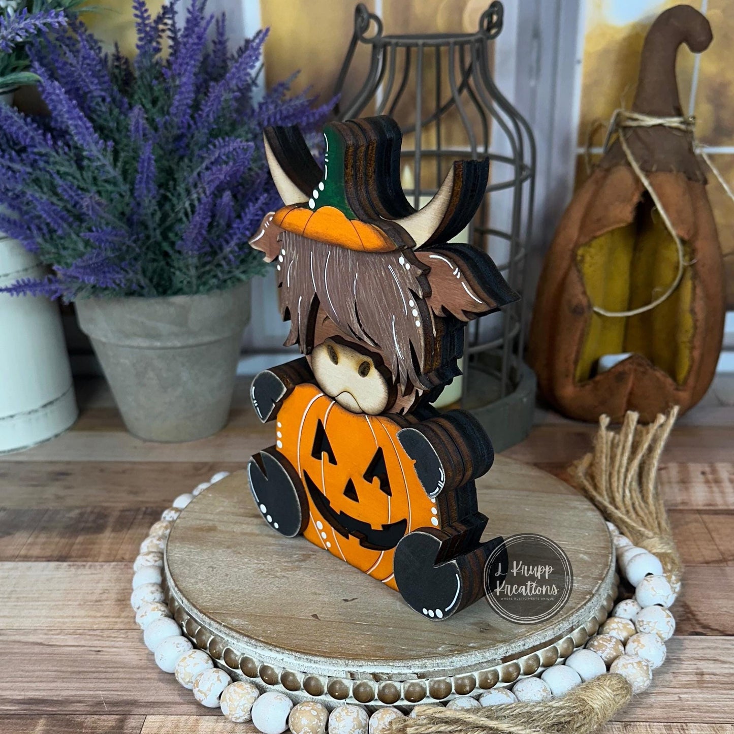 Rustic Halloween Wooden Highland Cow Pumpkin Hand-Painted Fall Decor