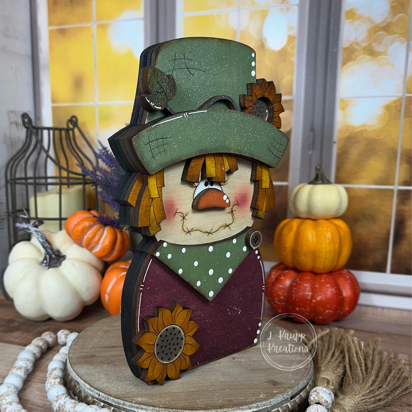 Charming Chunky Wooden Girl Scarecrow Shelf Sitter for Fall Farmhouse Vibes