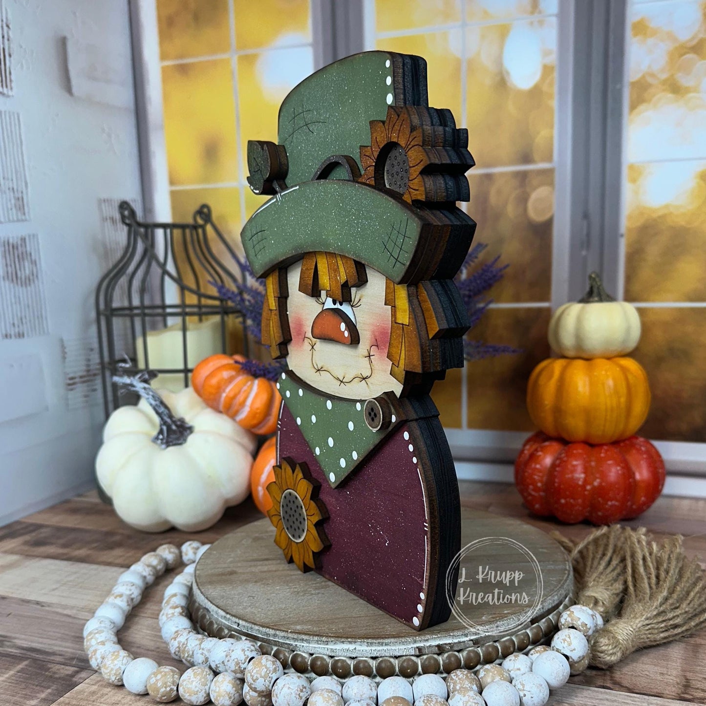 Charming Chunky Wooden Girl Scarecrow Shelf Sitter for Fall Farmhouse Vibes