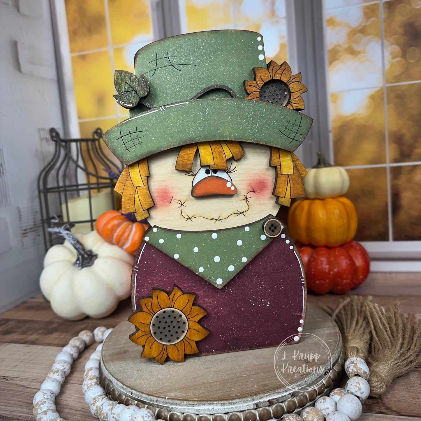 Charming Chunky Wooden Girl Scarecrow Shelf Sitter for Fall Farmhouse Vibes