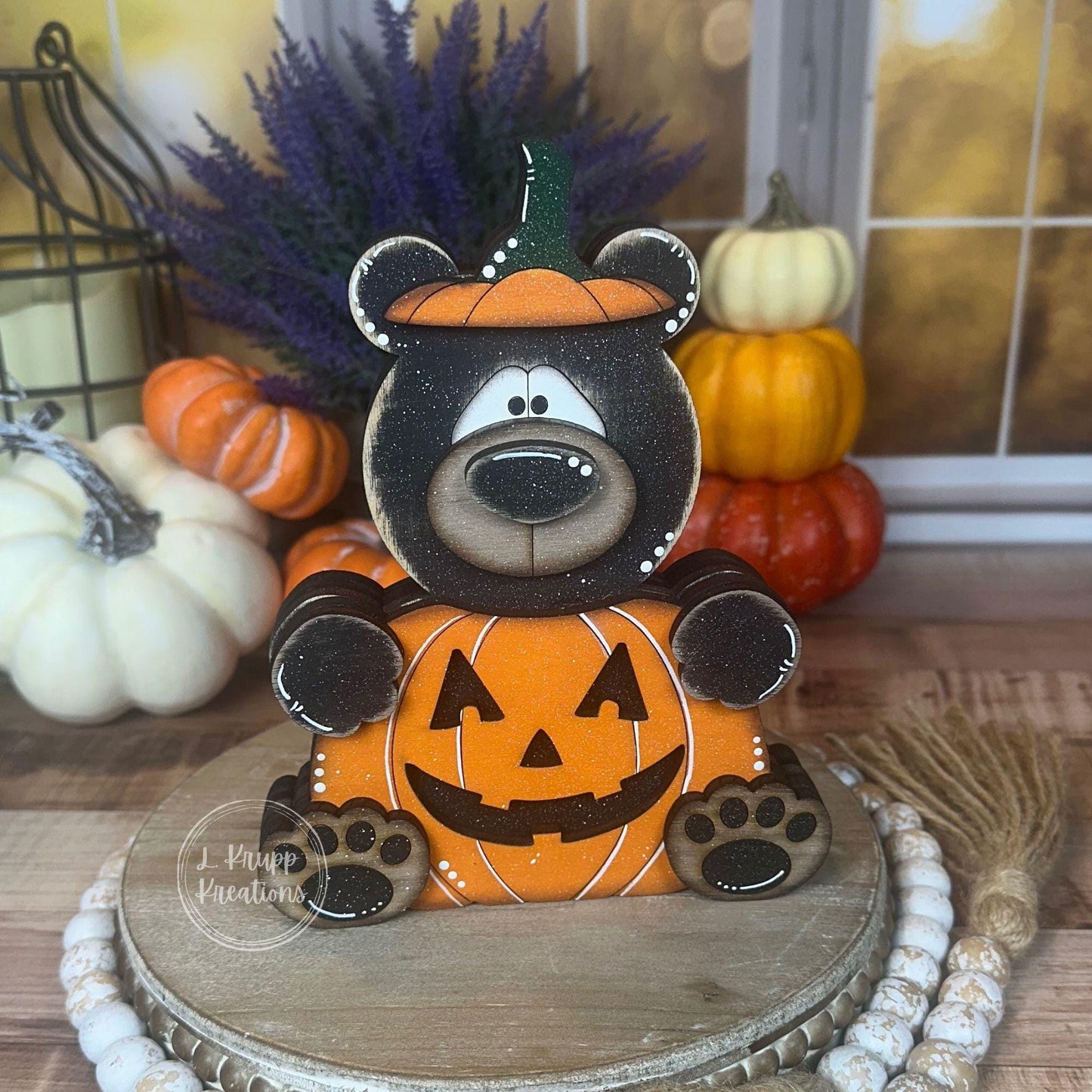 Rustic Halloween Wooden Bear Pumpkin Hand-Painted Fall Decor