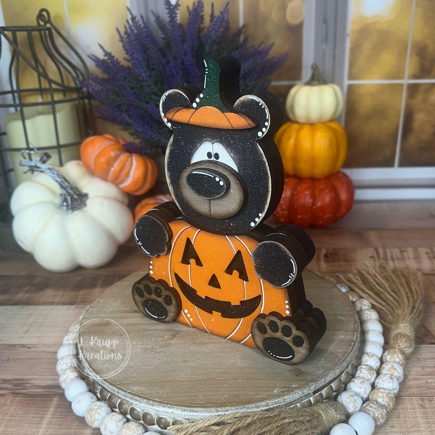 Rustic Halloween Wooden Bear Pumpkin Hand-Painted Fall Decor