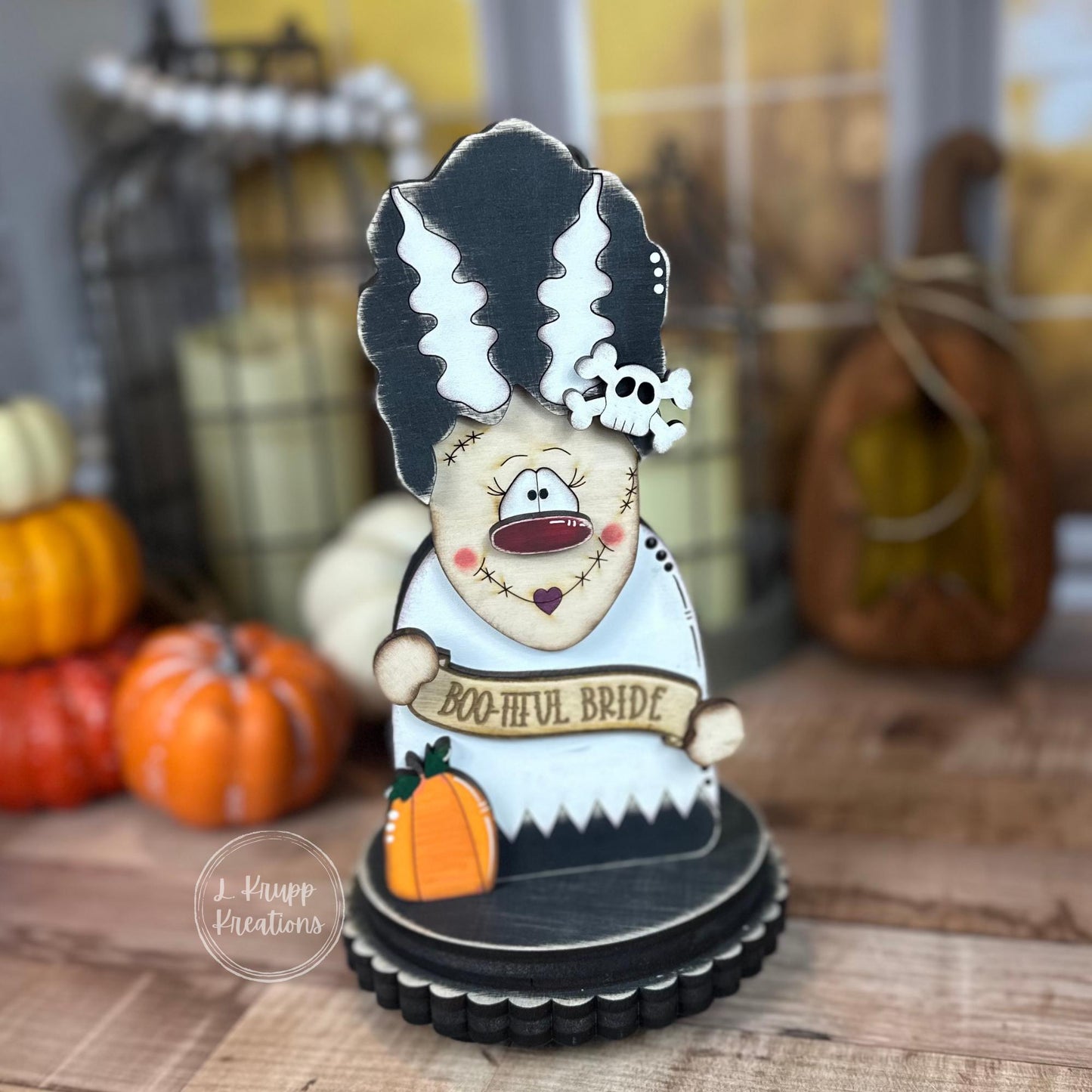 No-So-Spooky Bride of Frankenstein Wooden Decor - Hand-Painted Halloween Tiered Tray