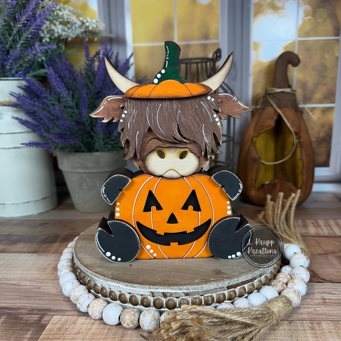 Rustic Halloween Wooden Highland Cow Pumpkin Hand-Painted Fall Decor