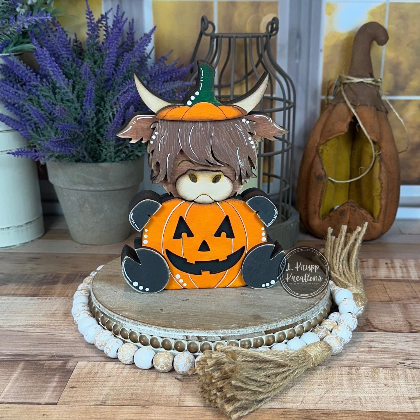 Rustic Halloween Wooden Highland Cow Pumpkin Hand-Painted Fall Decor