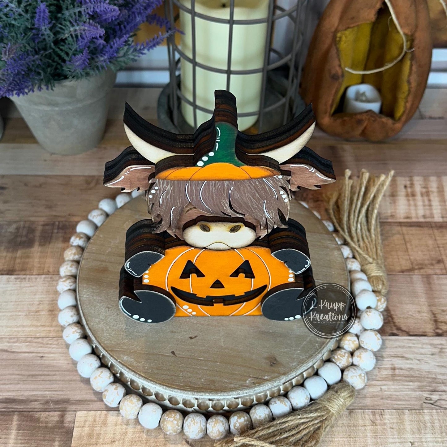 Rustic Halloween Wooden Highland Cow Pumpkin Hand-Painted Fall Decor