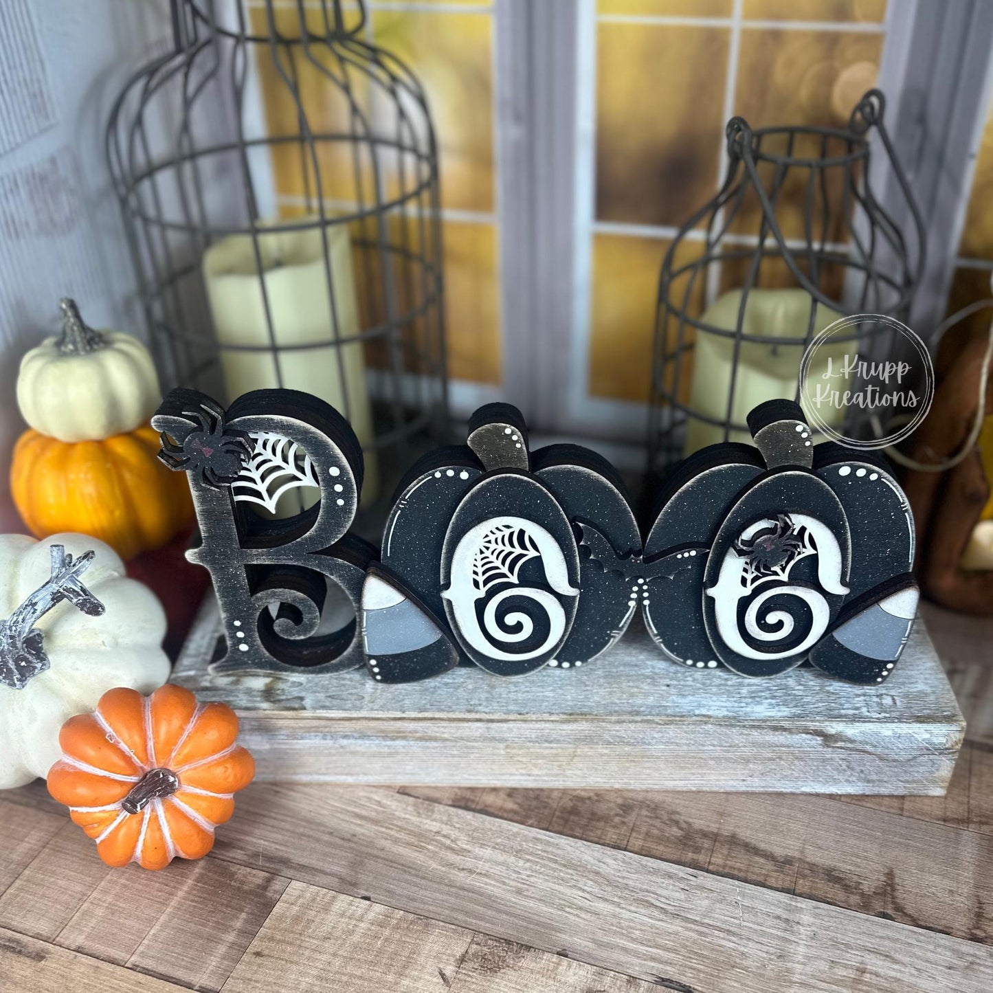 Halloween BOO Wooden Sign Chunky Farmhouse Decor with Pumpkins and Gothic Candy Corn