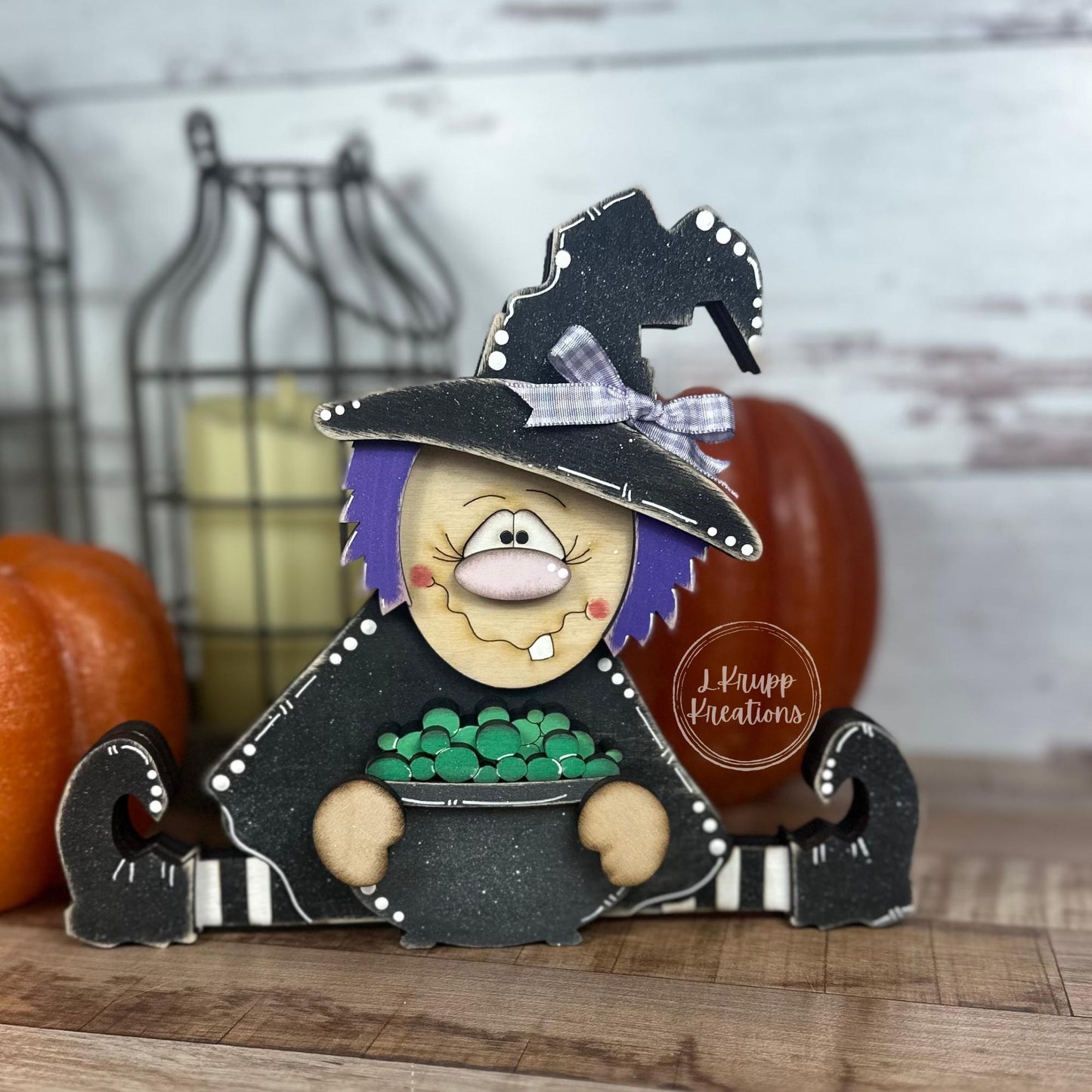 Rustic Hand-Painted Wooden Witch with Cauldron Adorable Fall & Halloween Decor