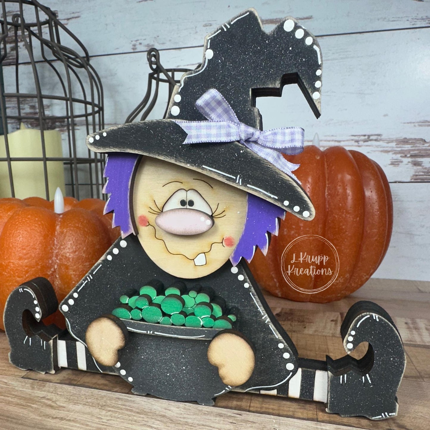 Rustic Hand-Painted Wooden Witch with Cauldron Adorable Fall & Halloween Decor
