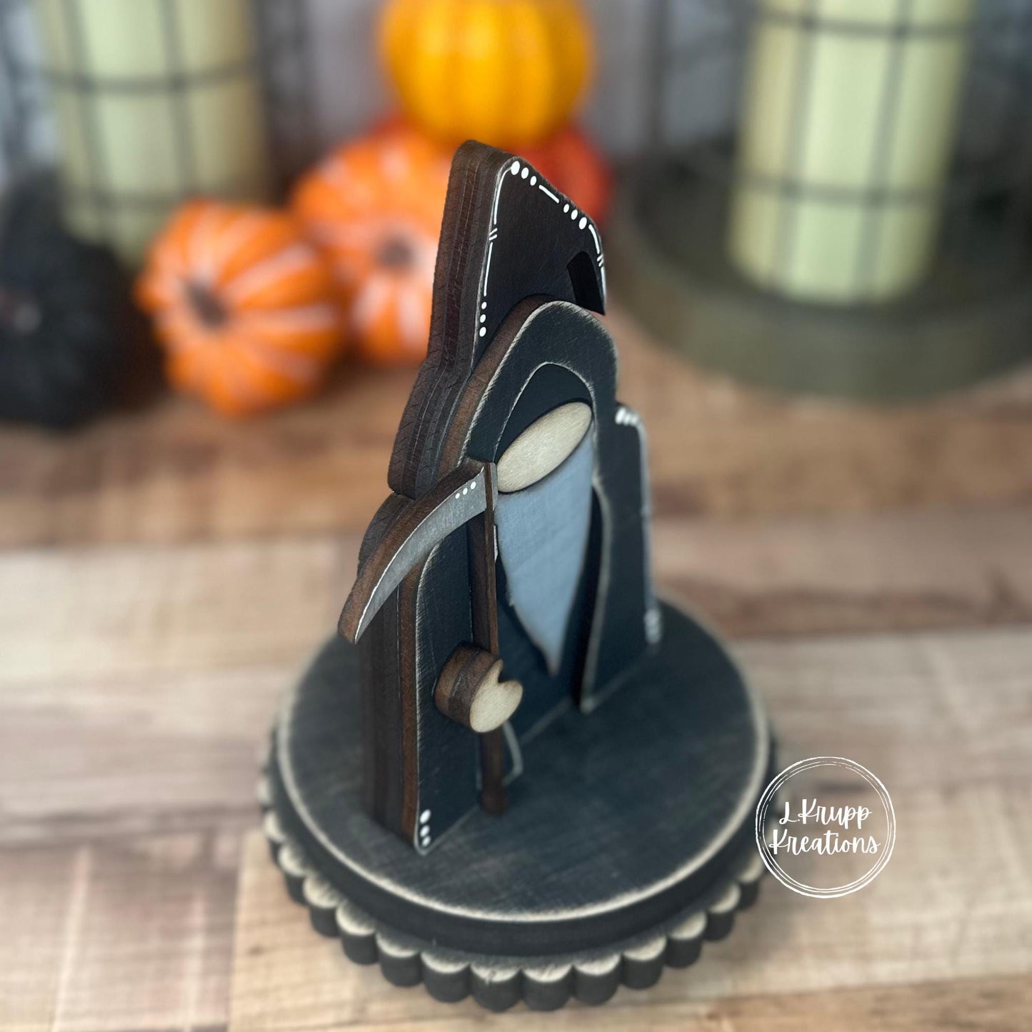 Creepy Cute Grim Reaper Gnome | Wooden Shelf Sitter for Spooky Season | Tiered Tray Decor