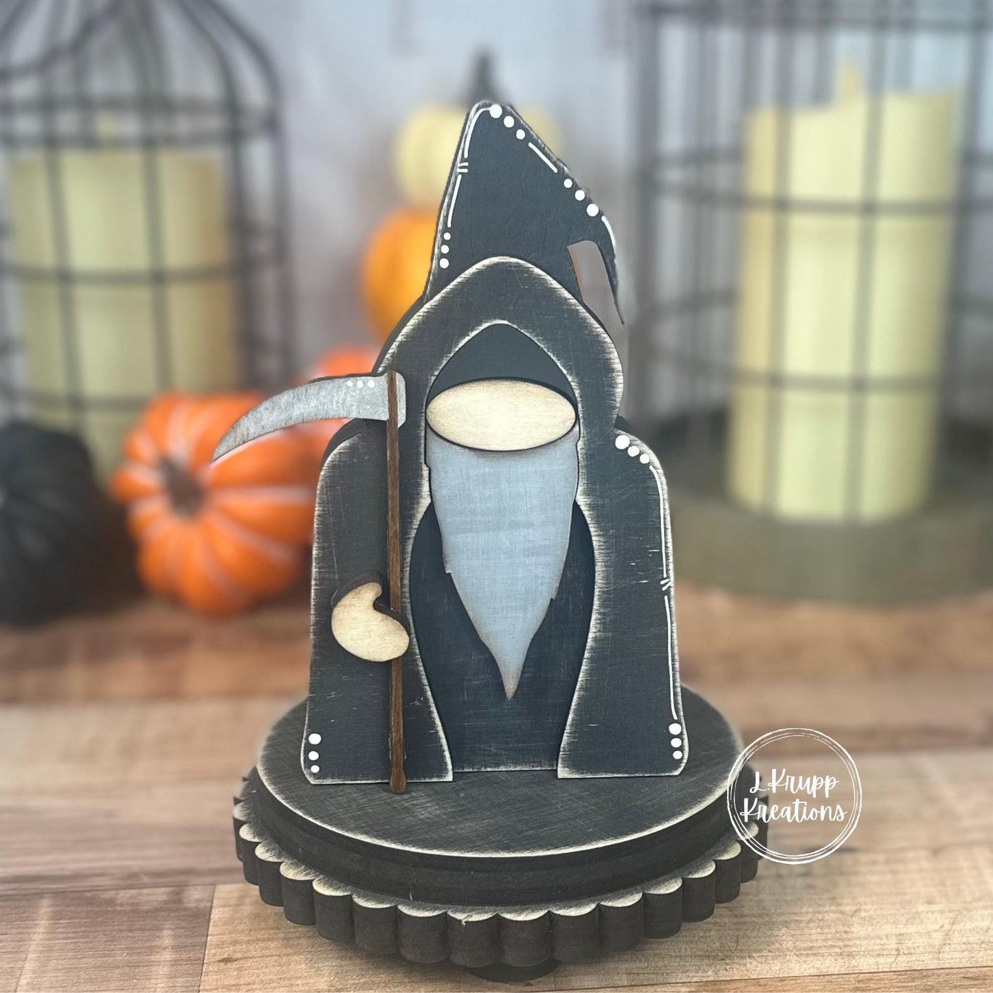 Creepy Cute Grim Reaper Gnome | Wooden Shelf Sitter for Spooky Season | Tiered Tray Decor
