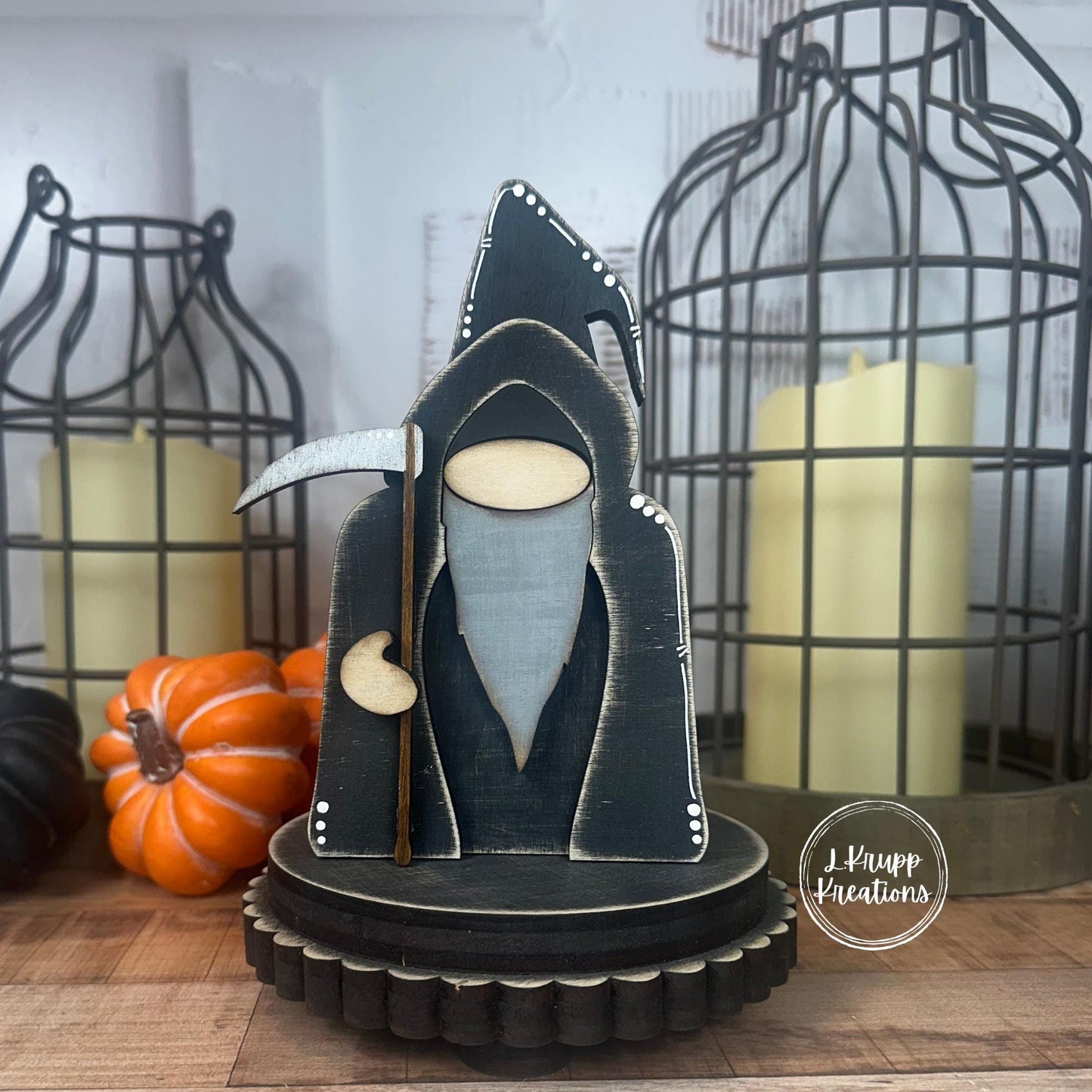 Creepy Cute Grim Reaper Gnome | Wooden Shelf Sitter for Spooky Season | Tiered Tray Decor
