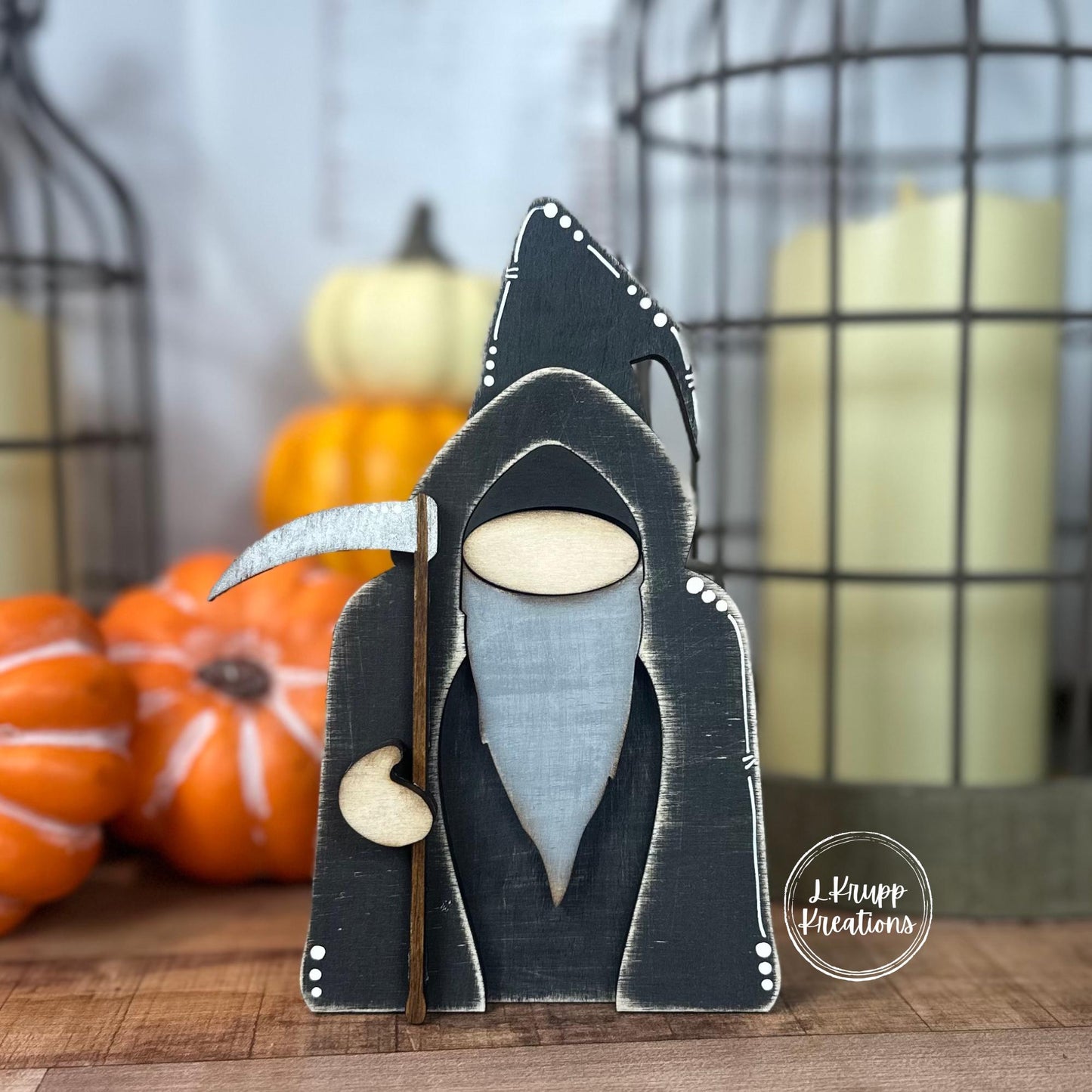 Creepy Cute Grim Reaper Gnome | Wooden Shelf Sitter for Spooky Season | Tiered Tray Decor