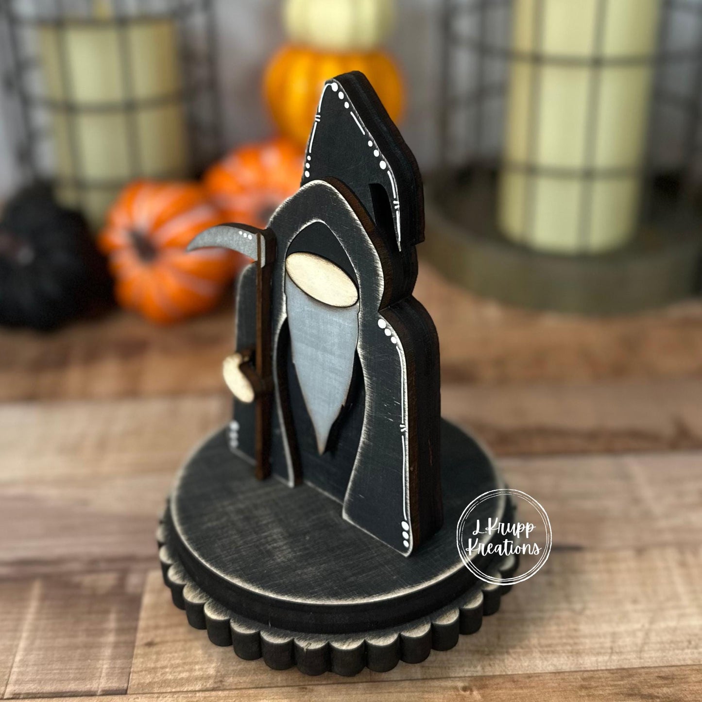 Creepy Cute Grim Reaper Gnome | Wooden Shelf Sitter for Spooky Season | Tiered Tray Decor