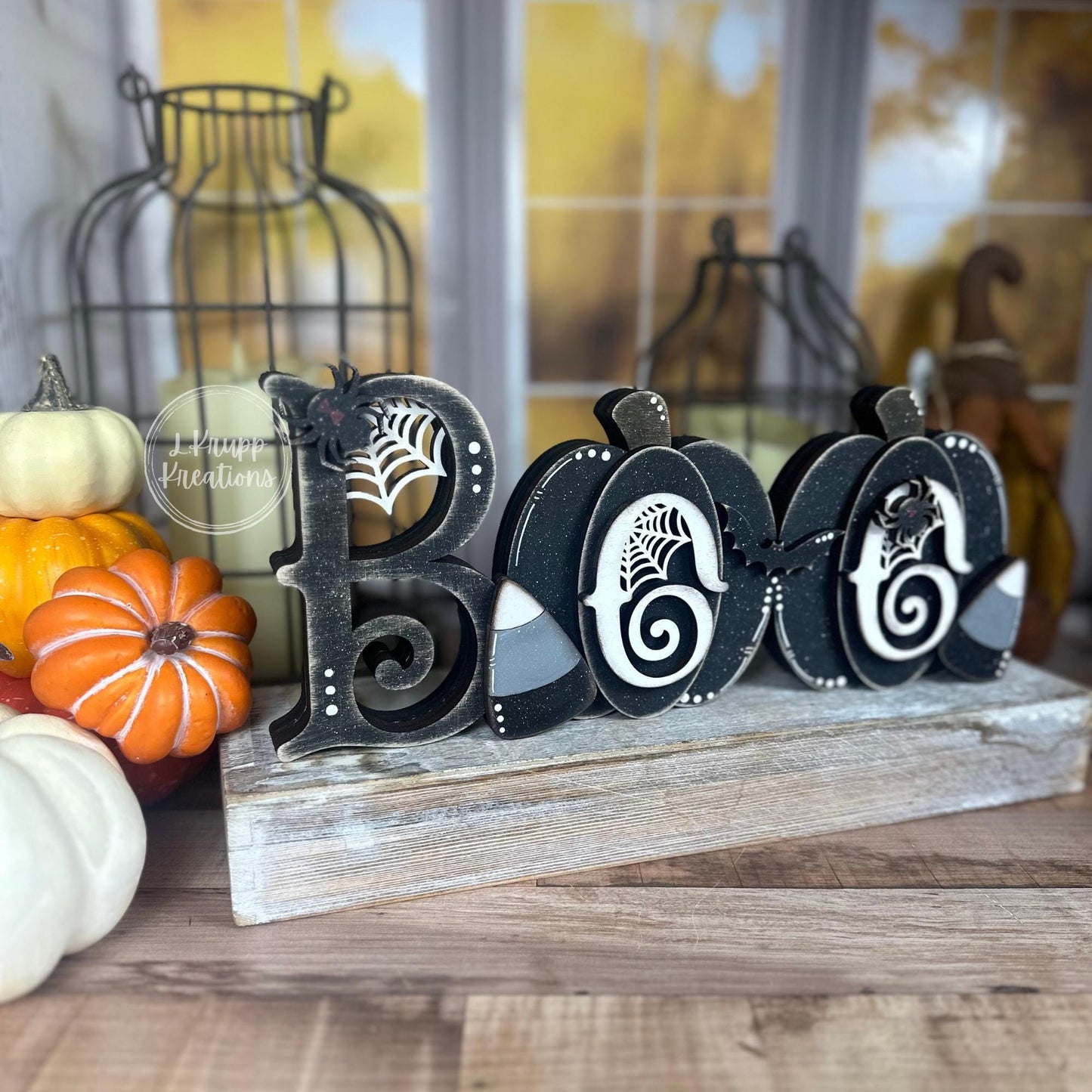 Halloween BOO Wooden Sign Chunky Farmhouse Decor with Pumpkins and Gothic Candy Corn