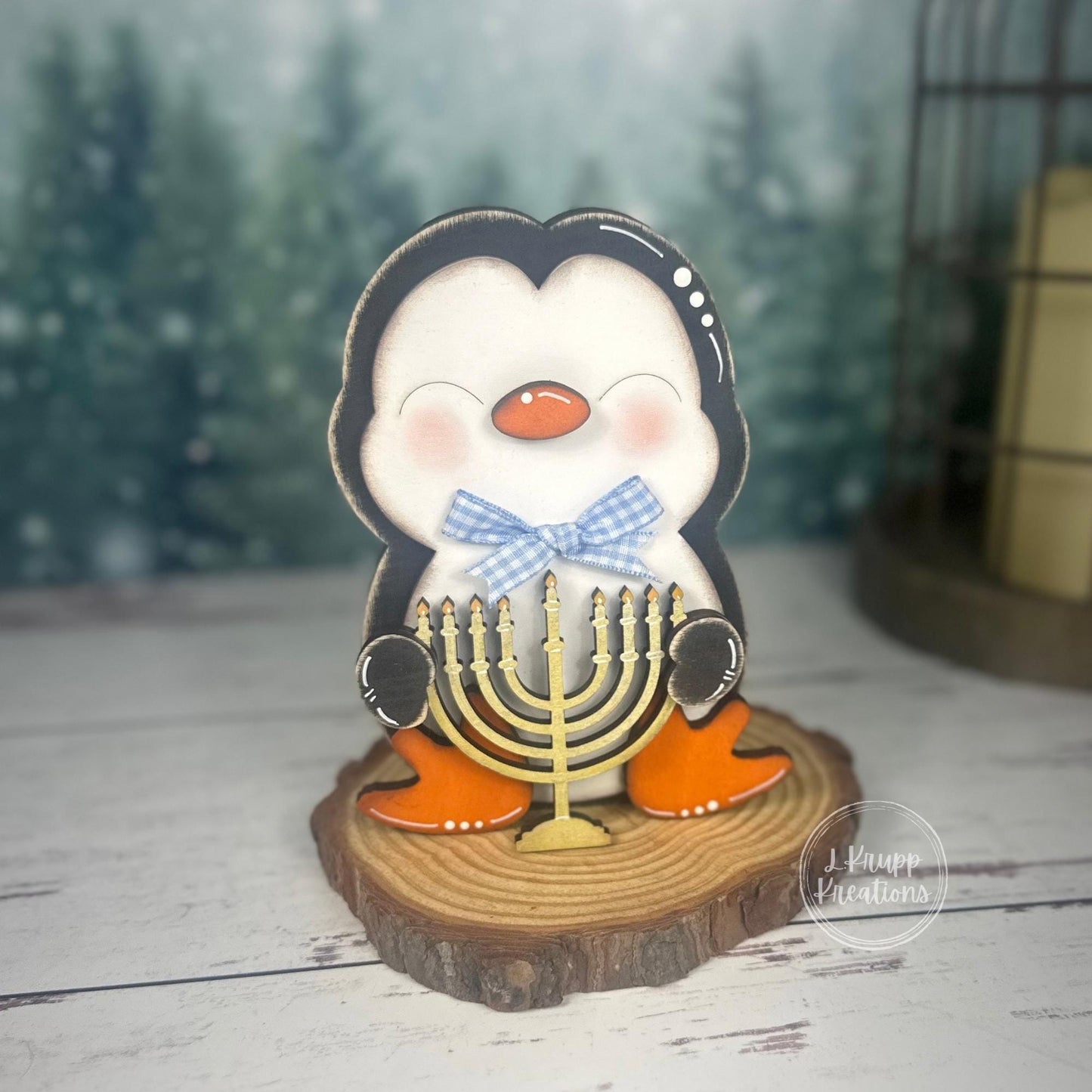 Rustic Hanukkah Penguin Shelf Sitter Hand-Painted Farmhouse Holiday Decor