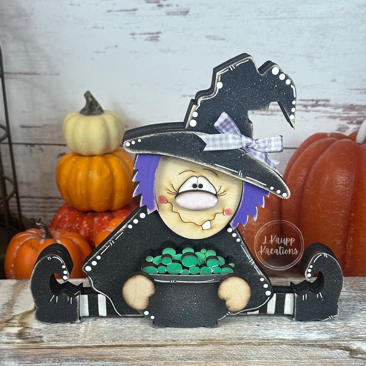 Rustic Hand-Painted Wooden Witch with Cauldron Adorable Fall & Halloween Decor