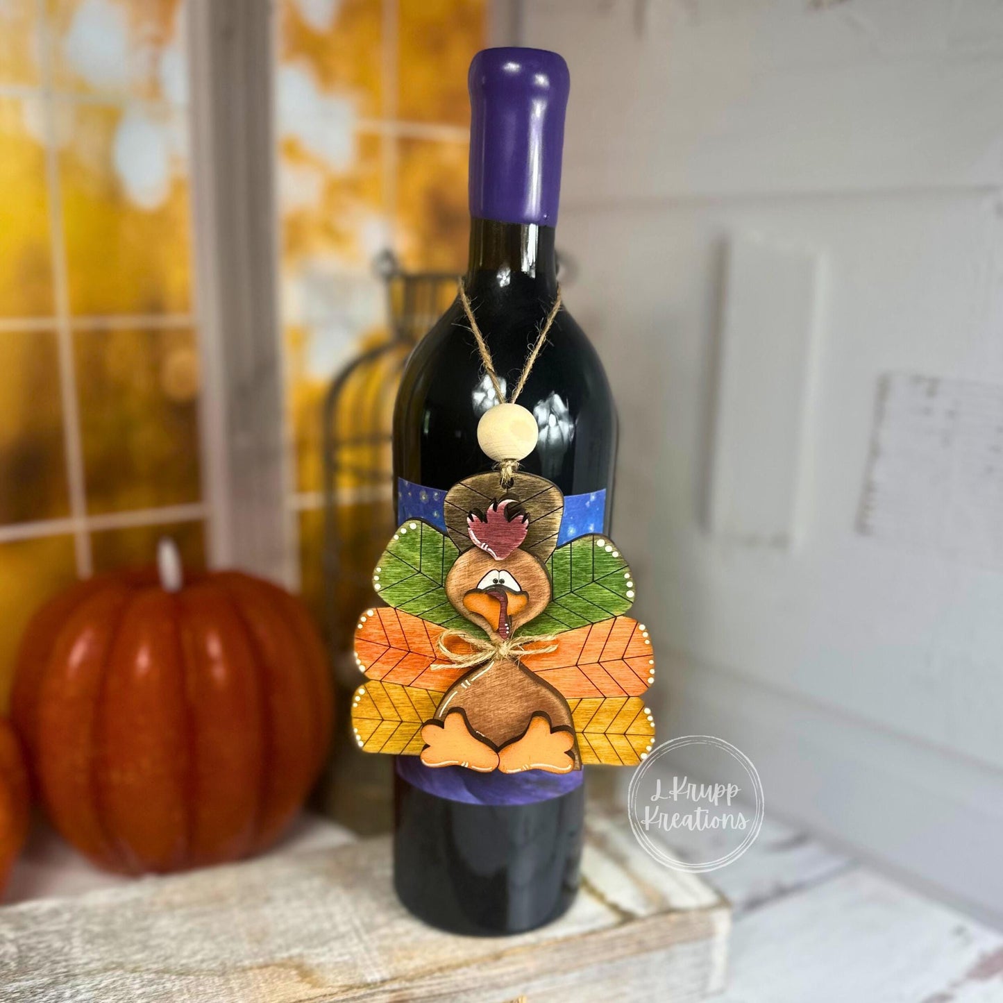 Chunky Rustic Wooden Turkey + Turkey Wine Bottle Gift Tag Thanksgiving Decor & Hostess Gift