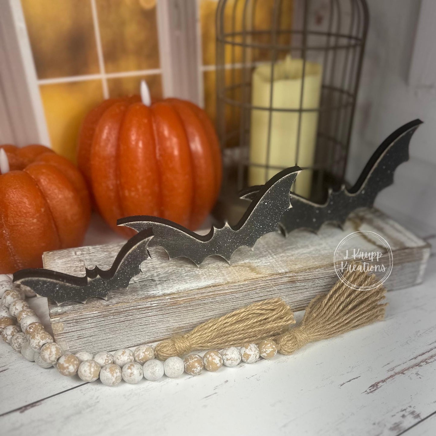 Rustic Wooden Halloween Bats Hand Painted Birch Bat Decor for Tiered Tray, Shelf, or Mantel