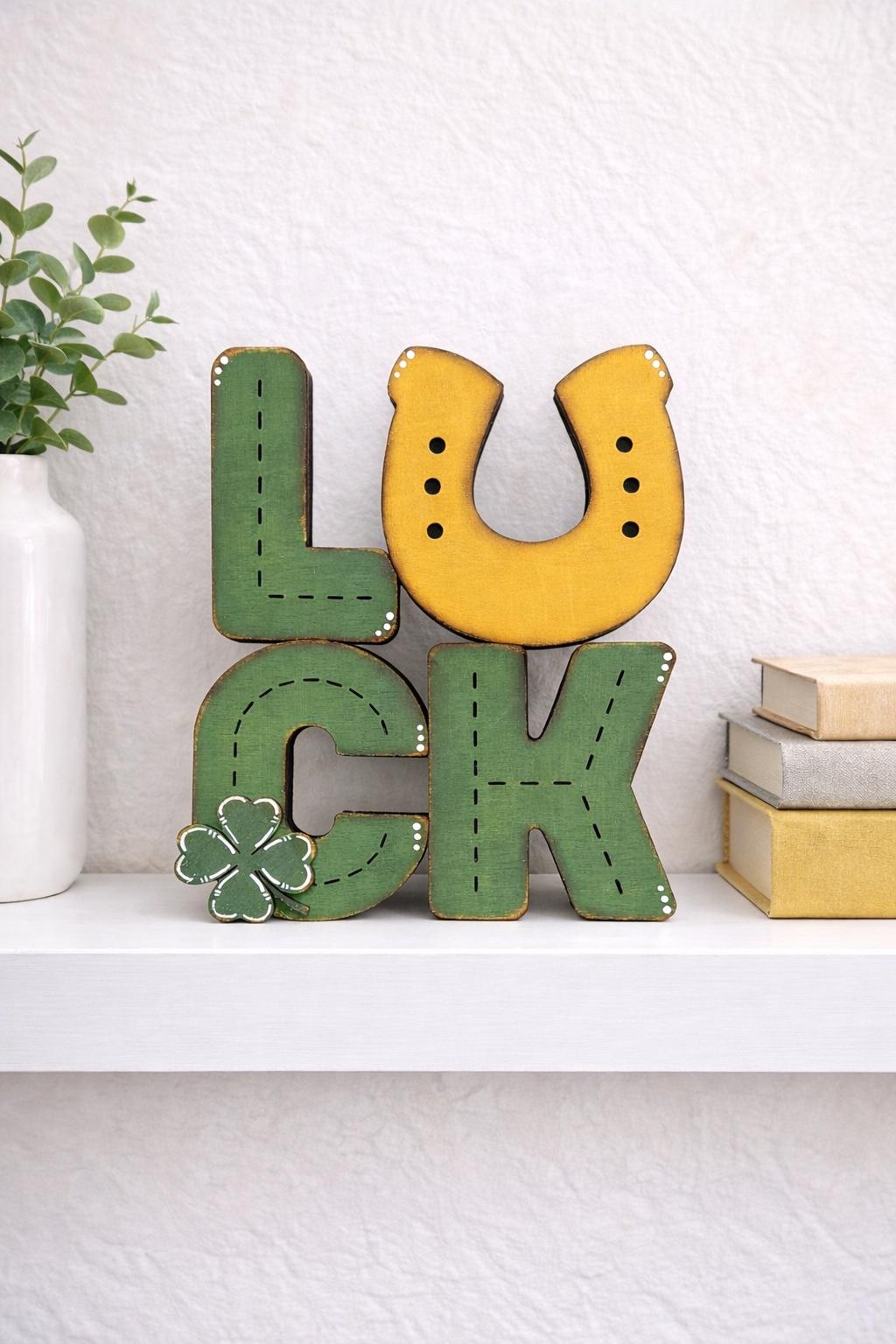 Lucky LUCK Wooden Shelf Sitter for St. Patricks Day Decor