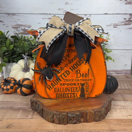 Hand Painted Halloween Pumpkin Shelf Sitter | Engraved Wooden Decor