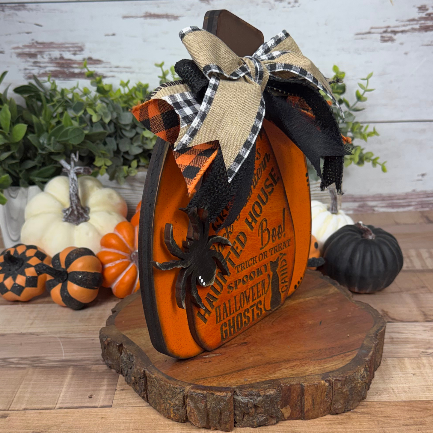 Hand Painted Halloween Pumpkin Shelf Sitter | Engraved Wooden Decor
