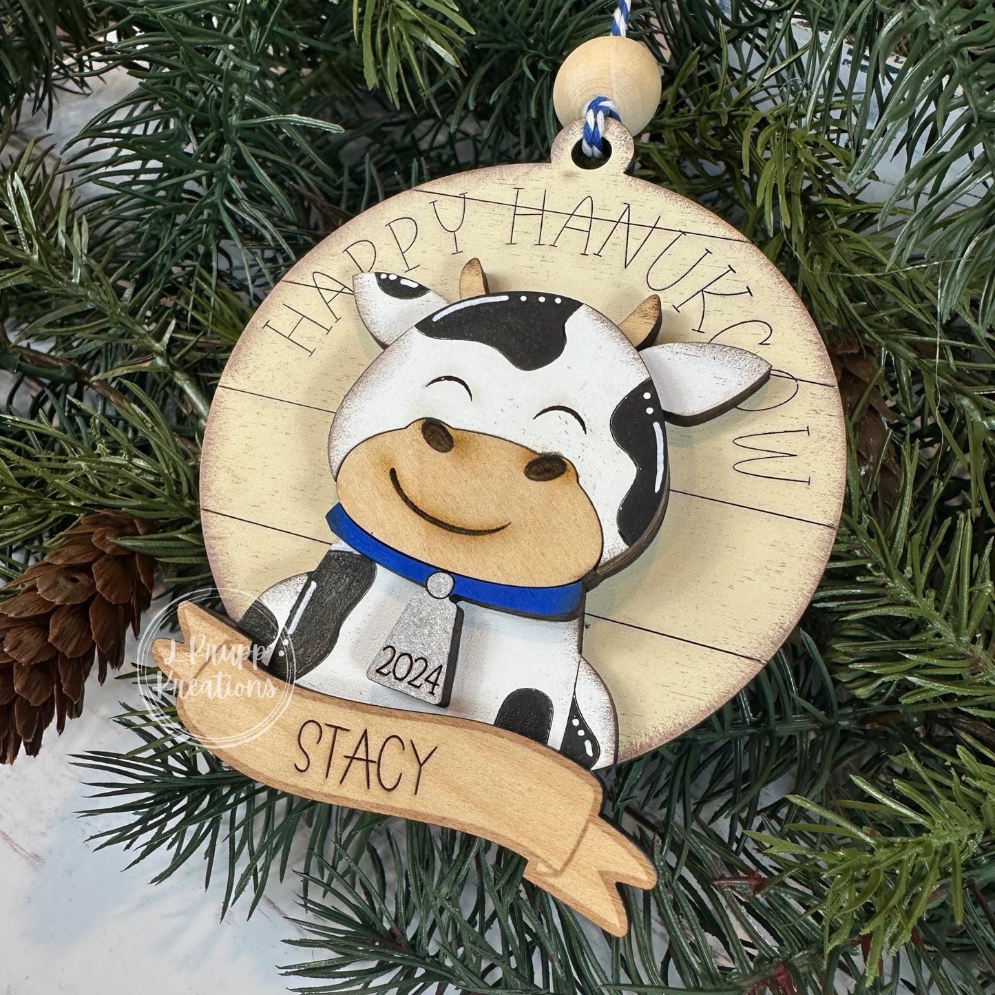 Rustic Hanukkah Cow Ornament – Happy Hanukcow Farmhouse Decor