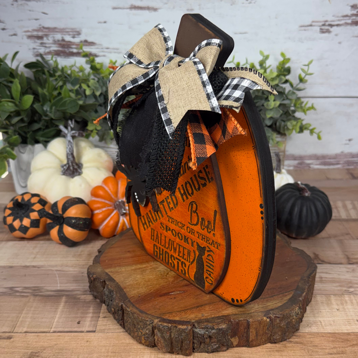 Hand Painted Halloween Pumpkin Shelf Sitter | Engraved Wooden Decor