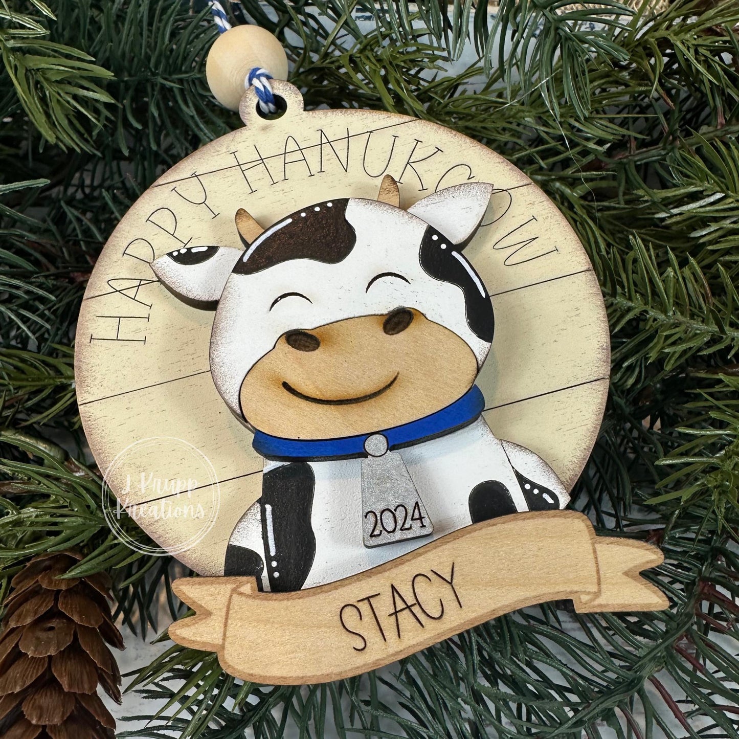 Rustic Hanukkah Cow Ornament – Happy Hanukcow Farmhouse Decor