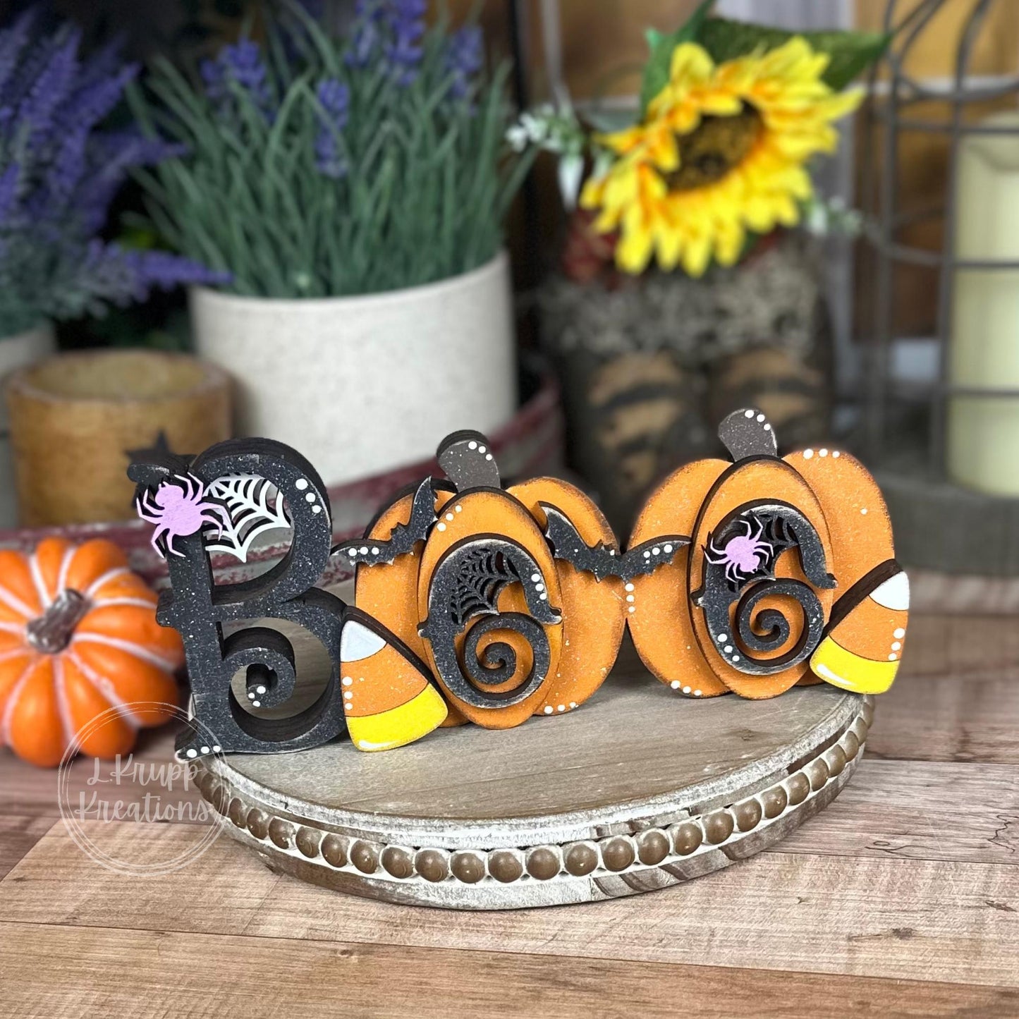 Whimsical Halloween Boo Shelf Decor with Pumpkins and Candy Corn - Farmhouse Chic Style