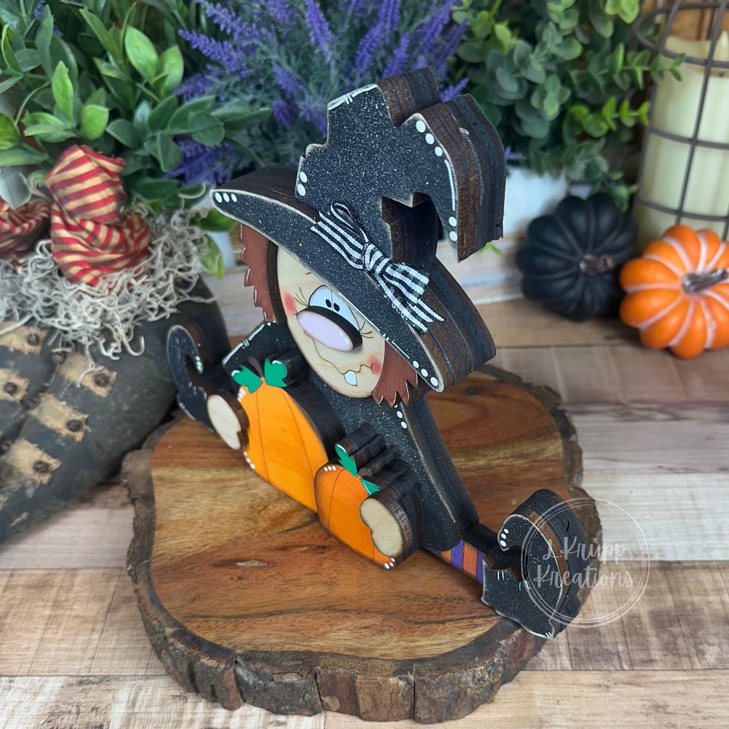 Rustic Hand-Painted Wooden Witch with Pumpkins – Fall & Halloween Decor