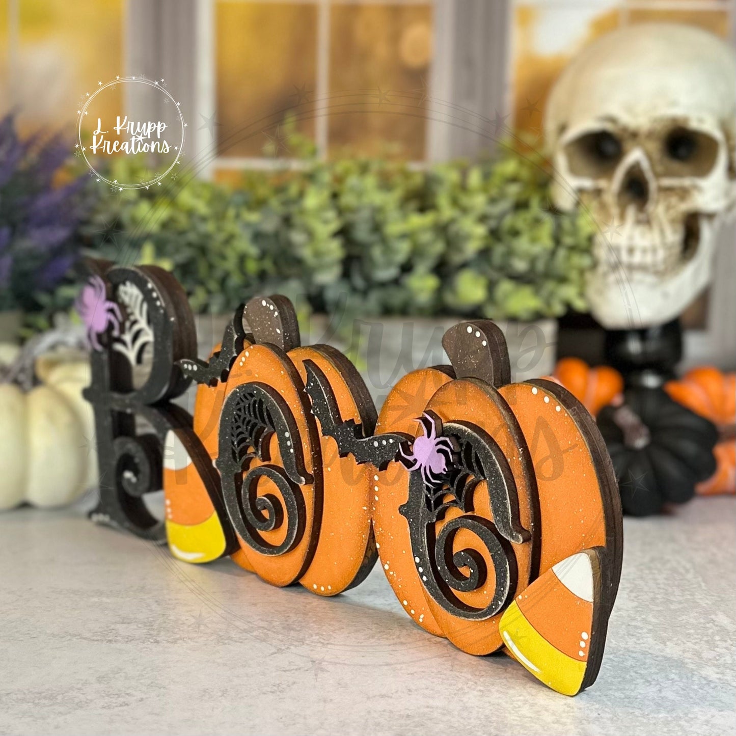 Whimsical Halloween Boo Shelf Decor with Pumpkins and Candy Corn - Farmhouse Chic Style