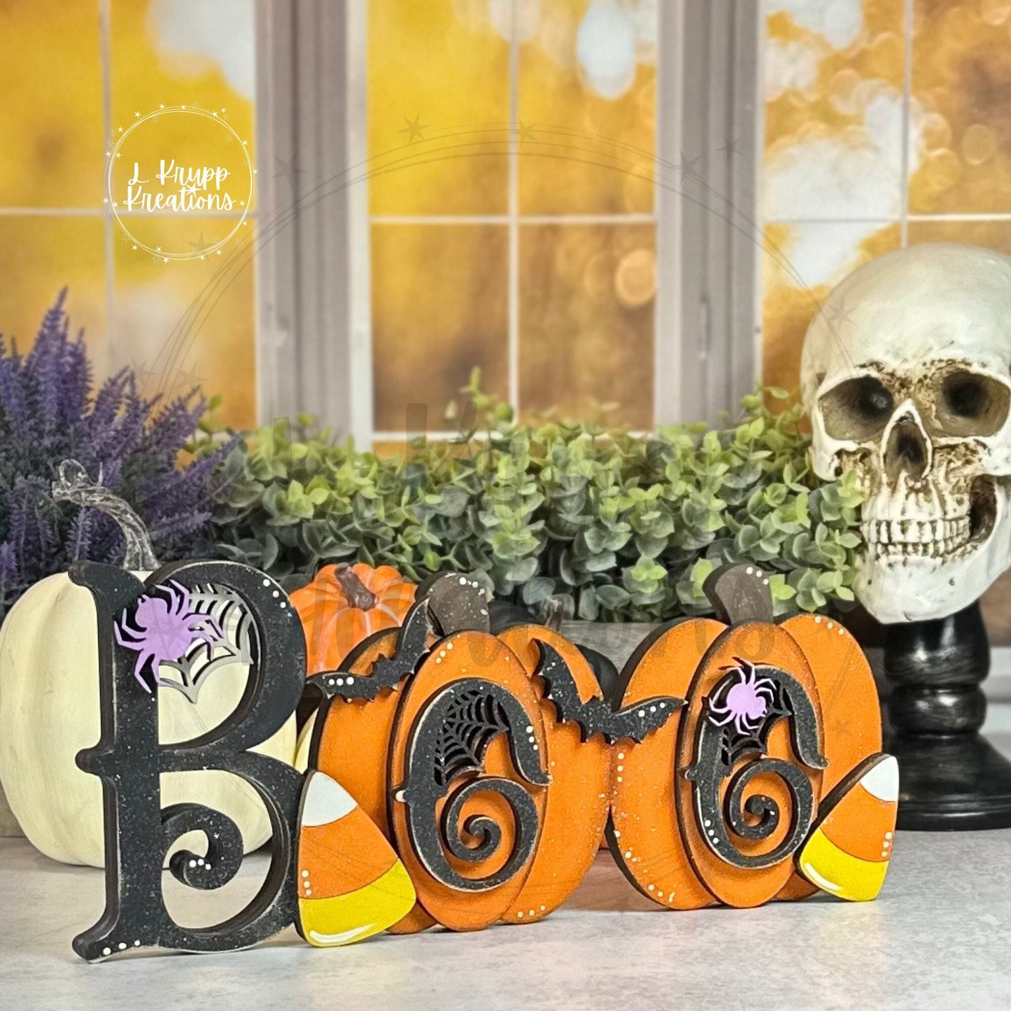 Whimsical Halloween Boo Shelf Decor with Pumpkins and Candy Corn - Farmhouse Chic Style