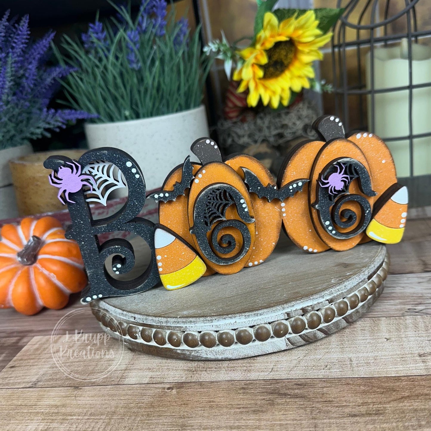 Whimsical Halloween Boo Shelf Decor with Pumpkins and Candy Corn - Farmhouse Chic Style