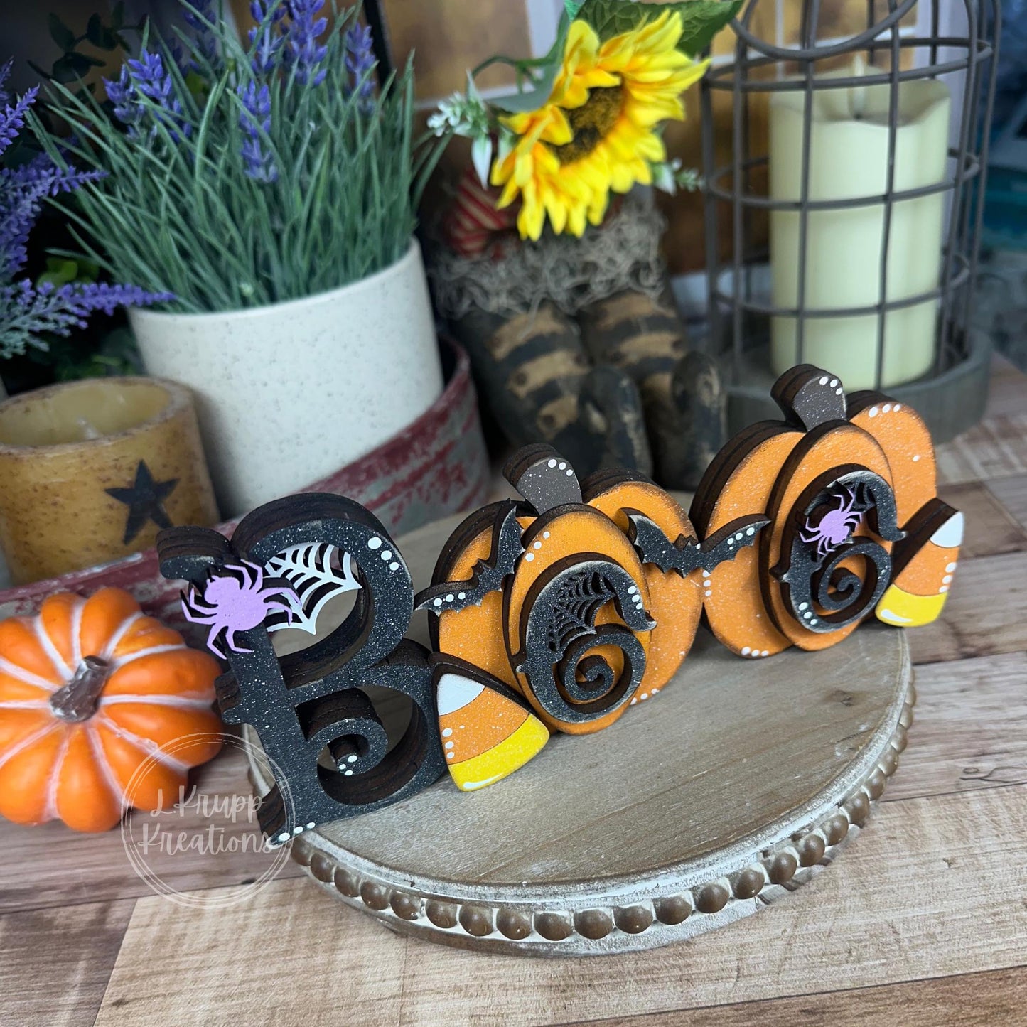 Whimsical Halloween Boo Shelf Decor with Pumpkins and Candy Corn - Farmhouse Chic Style