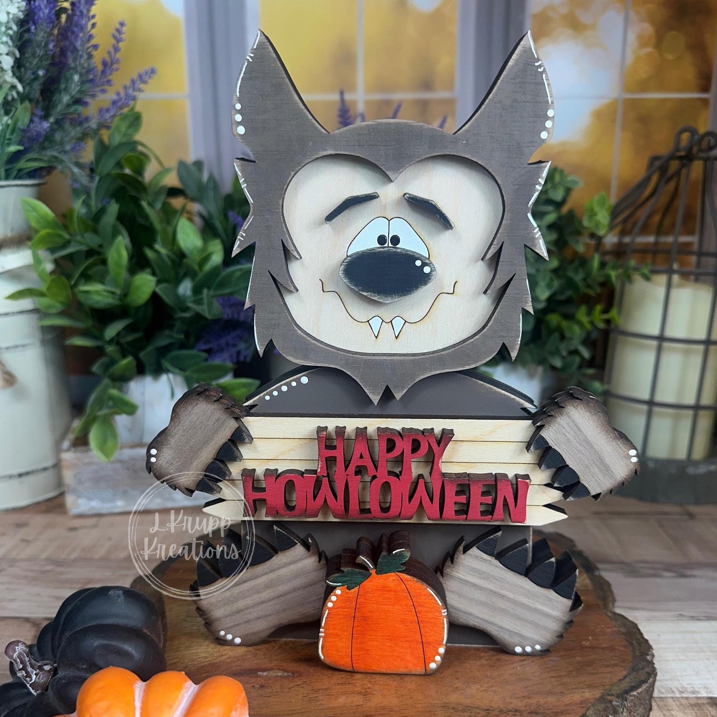 Rustic Wooden Werewolf – Handmade Halloween Shelf Sitter