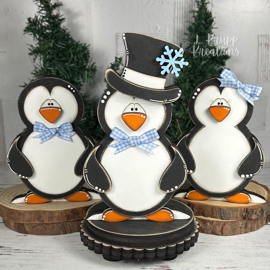 Charming Hand-Painted Penguin Family Decor for Farmhouse Holidays
