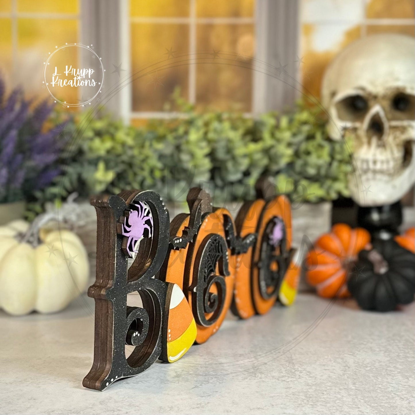 Whimsical Halloween Boo Shelf Decor with Pumpkins and Candy Corn - Farmhouse Chic Style