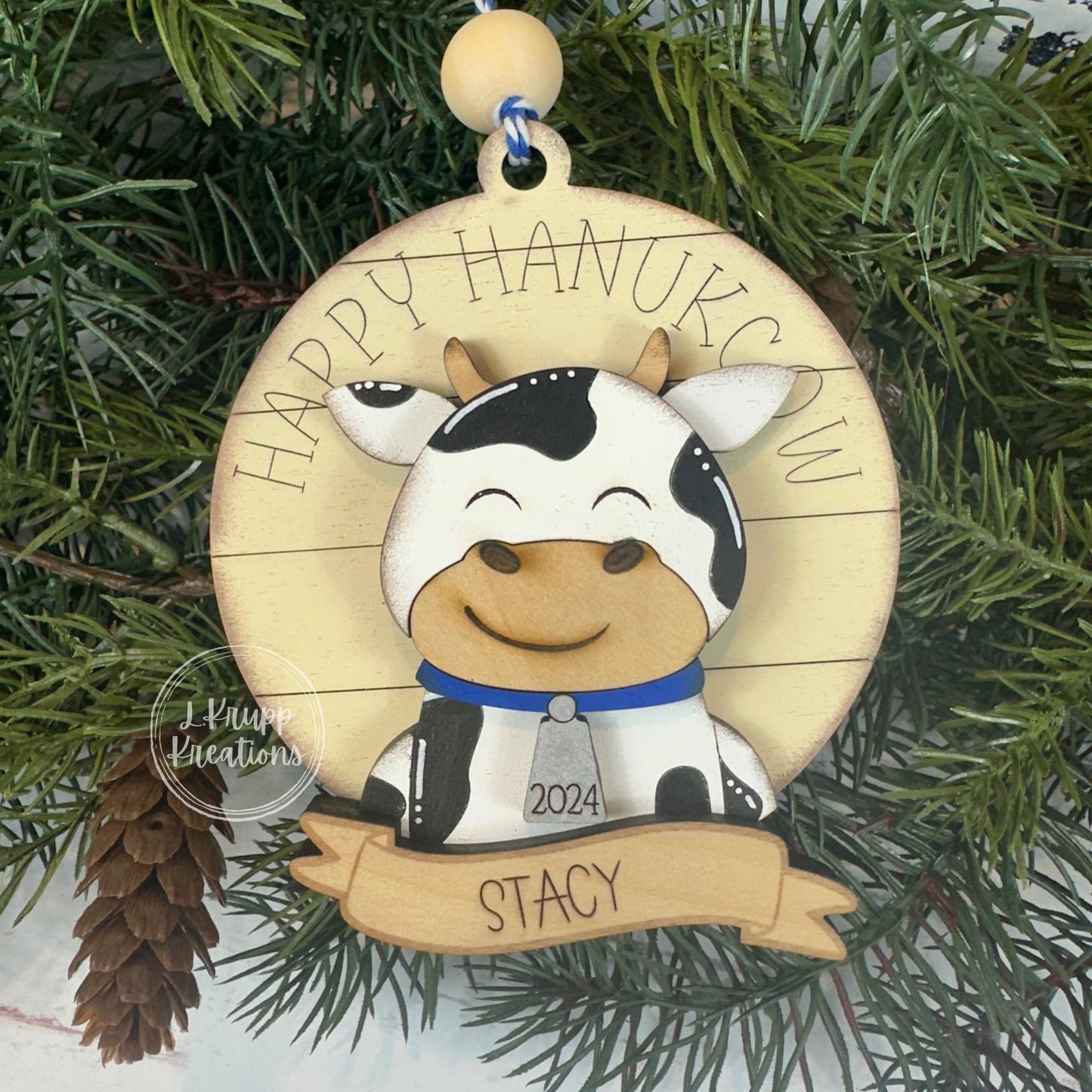 Rustic Hanukkah Cow Ornament – Happy Hanukcow Farmhouse Decor
