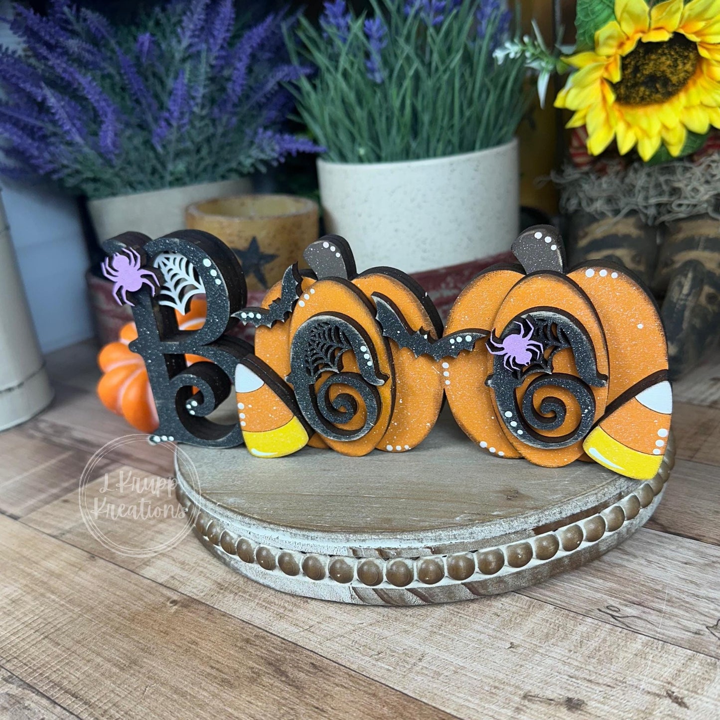 Whimsical Halloween Boo Shelf Decor with Pumpkins and Candy Corn - Farmhouse Chic Style