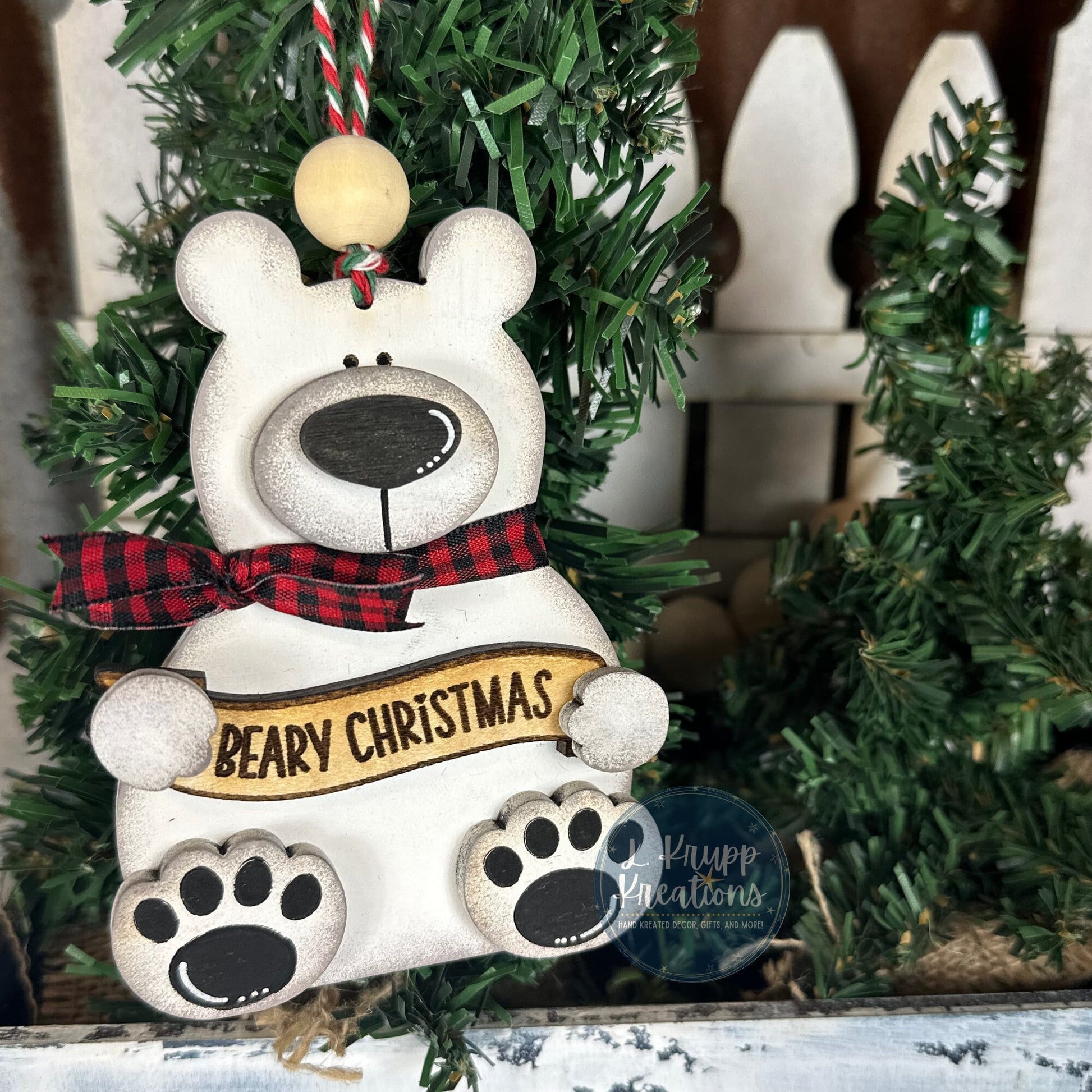 Wooden Polar Bear Christmas Ornament – Hand-Painted Rustic Holiday Decor