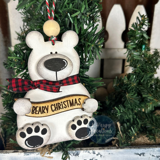 Wooden Polar Bear Christmas Ornament – Hand-Painted Rustic Holiday Decor