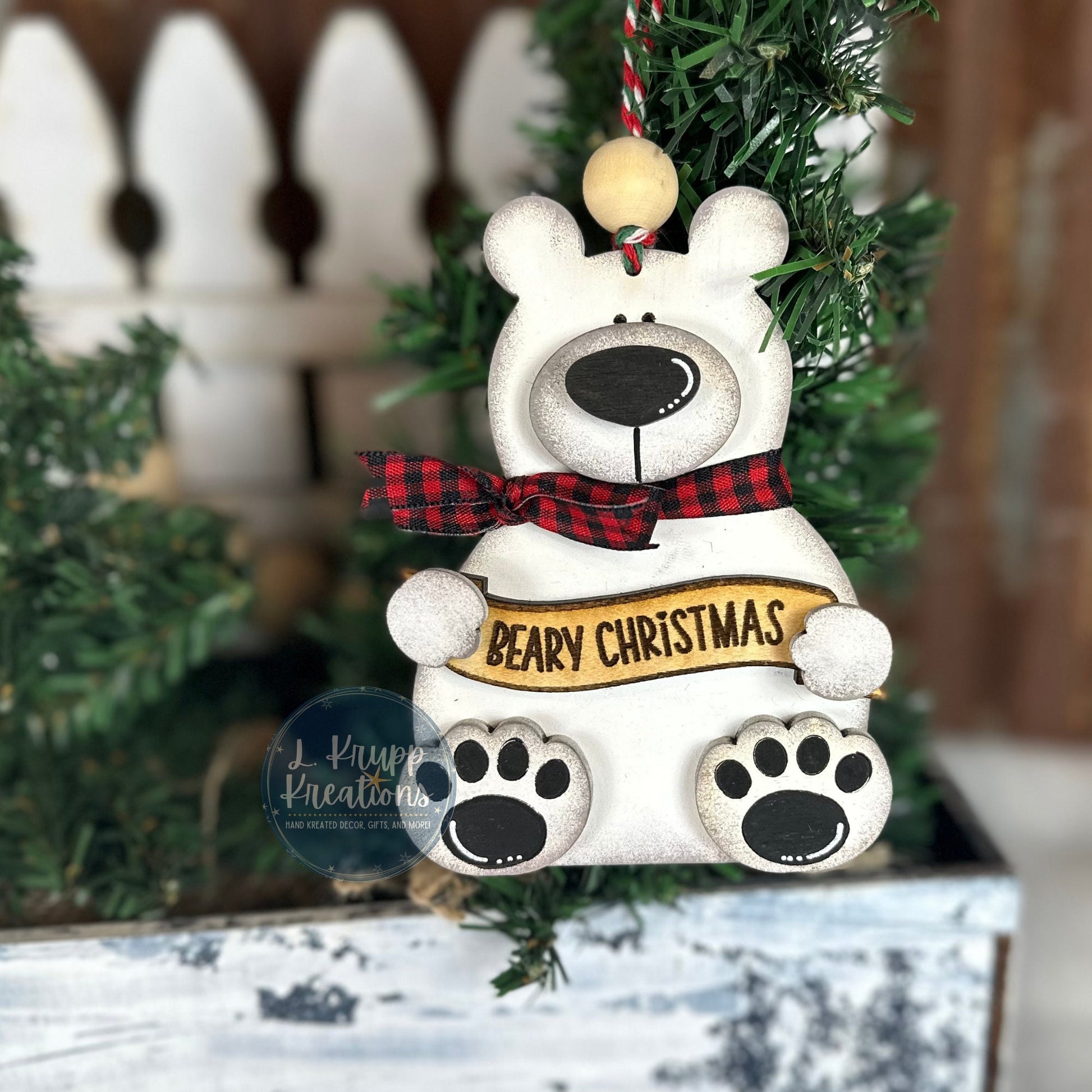 Wooden Polar Bear Christmas Ornament – Hand-Painted Rustic Holiday Decor