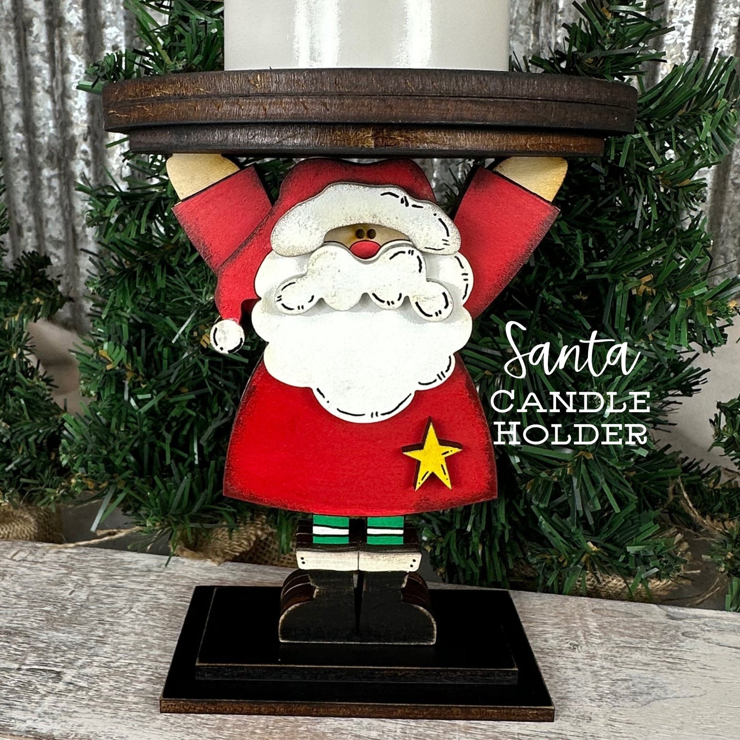 Hand-Painted Wooden Santa LED Candle Holder – Rustic Christmas Decor